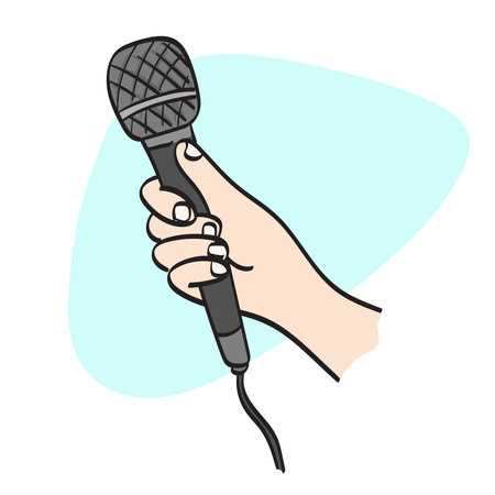 closeup hand holding microphone illustration vector hand drawn isolated on white background line art.のイラスト素材