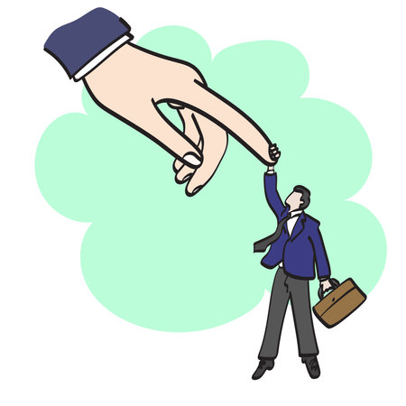 closeup big hand helping businessman with suitcase illustration vector hand drawn isolated on white background line art.のイラスト素材