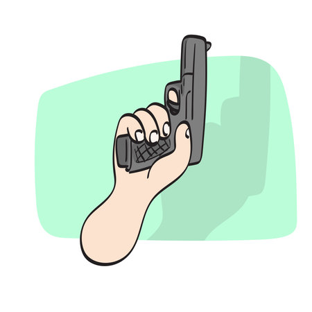 closeup hand holding short gun illustration vector hand drawn isolated on white background line art.のイラスト素材