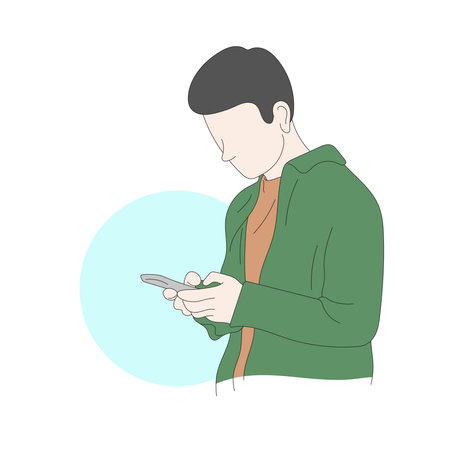line art man with green shirt using smartphone illustration vector hand drawn isolated on white backgroundのイラスト素材