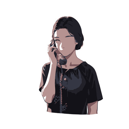 line art woman using retro telephone illustration vector hand drawn isolated on white backgroundのイラスト素材
