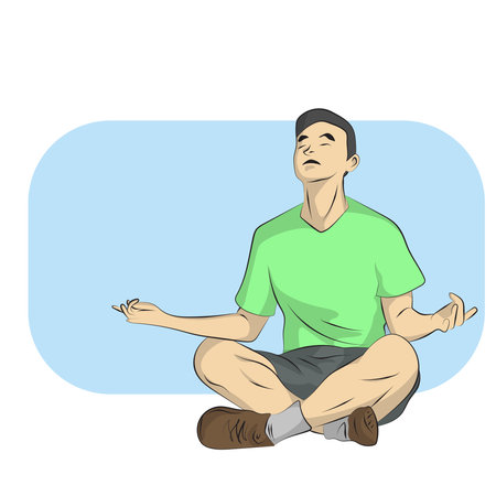 line art focused man sitting on floor meditating relaxation with copy space illustration vector hand drawn isolated on white backgroundのイラスト素材