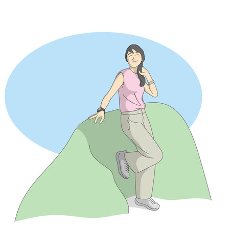 full length of woman smiling with blue copy space illustration vector hand drawn isolated on white backgroundのイラスト素材