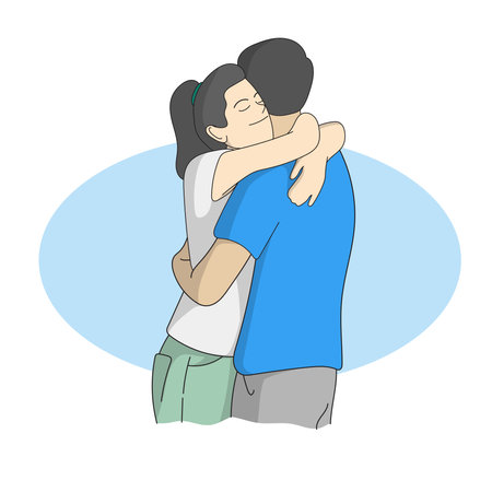 young couple embracing on blue copy space illustration vector hand drawn isolated on white backgroundのイラスト素材