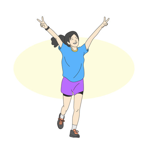 woman runner showing victory hand sign illustration vector hand drawn isolated on white backgroundのイラスト素材