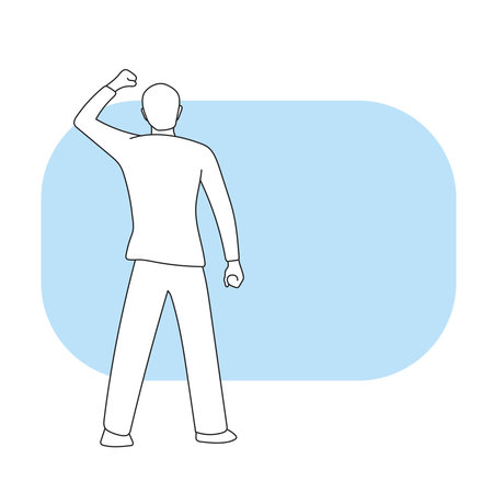 back view of man happy man raising his hand up on blue blank space illustration vector hand drawn isolated on white backgroundのイラスト素材