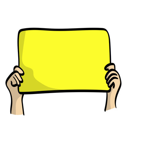 two hands holding yellow sign illustration vector isolated on white backgroundのイラスト素材