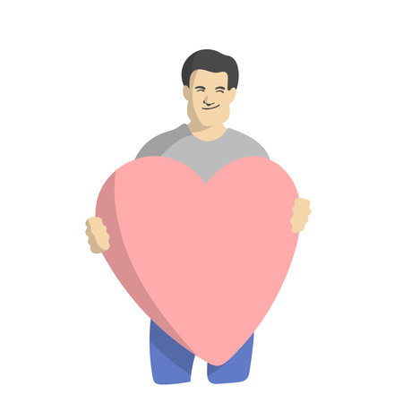 Young man embraces a big red heart illustration vector isolated on white backgroundのイラスト素材