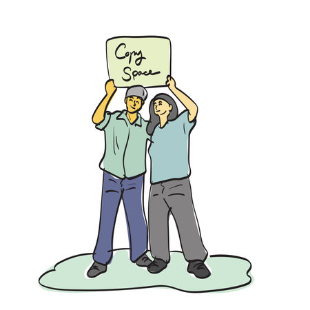 full length of man and woman holding blank sign illustration vector isolated on white backgroundのイラスト素材