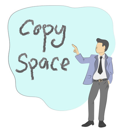 businessman pointing on blue blank copy space illustration vector hand drawn isolated on white backgroundのイラスト素材