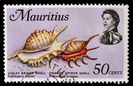MAURITIUS - CIRCA 1969: A stamp printed in Mauritius shows violet and orange spider shell, circa 1969のeditorial素材
