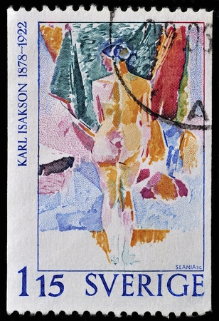 SWEDEN - CIRCA 1986: A stamp printed in Sweden shows works from the artist Karl Isaksson, circa 1981のeditorial素材