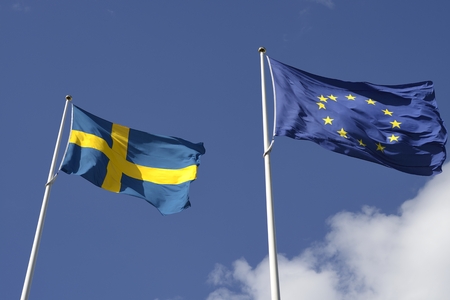 Swedish National and European union flagの写真素材