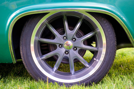 Close-up of the rear wheel of a classic carの写真素材