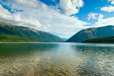 View above a beautiful lake during mid dayの写真素材