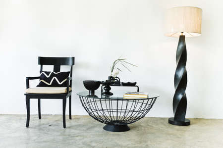 Contemporary seating combination in black with elegant pillows and detailsの写真素材
