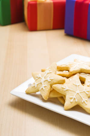 Christmas cookies on a plate in festive decorationの写真素材