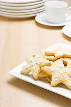 Christmas cookies on a plate in festive decorationの写真素材