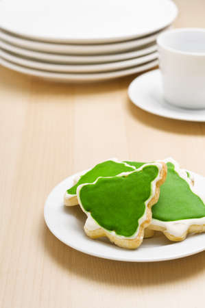 Christmas cookies on a plate in festive decorationの写真素材