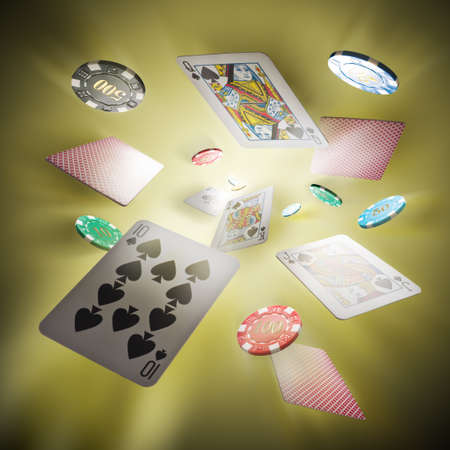 Poker cards and Casino chips fly into a bright center in the back groundのeditorial素材