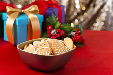Christmas cookies, short bread in festive setting different shapesの写真素材