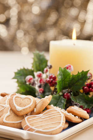 Christmas cookies, short bread in festive setting different shapesの写真素材