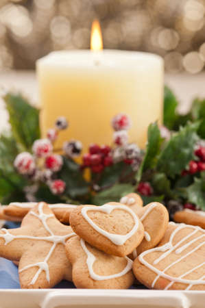 Christmas cookies, short bread in festive setting different shapesの写真素材