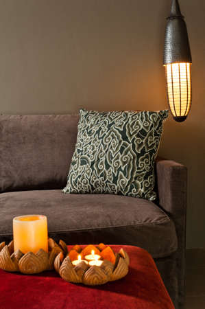 Corner of two seated sofa nice dark ambienceの写真素材