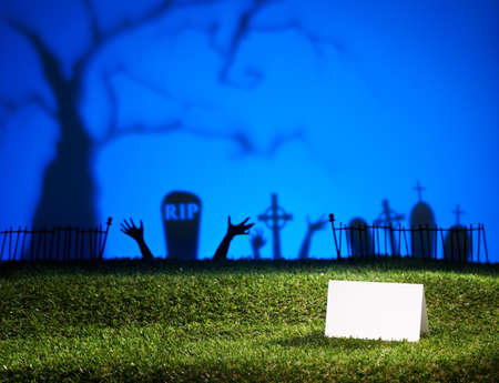 Halloween landscape with tree graveyard and name cardの写真素材