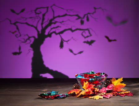 Halloween tree bats sweets and golden leafs の写真素材