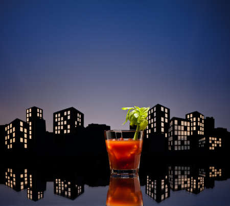 Metropolis Bloody Mary cocktail in city skyline settingの写真素材
