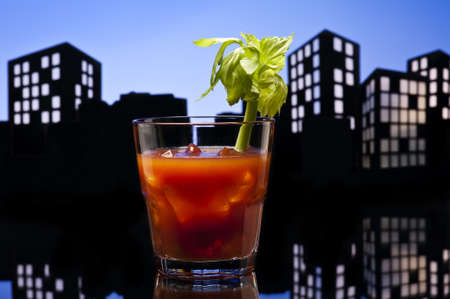 Metropolis Bloody Mary cocktail in city skyline settingの写真素材
