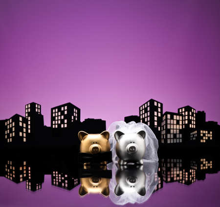 Metropolis City pig wedding the piggy bank with veil and bow tieの写真素材