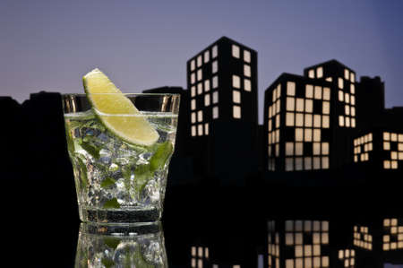 Metropolis Mojito cocktail in city skyline settingの写真素材