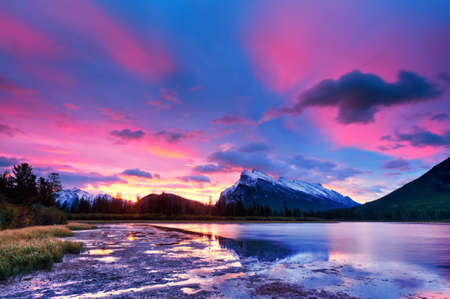 Sunset above Vermilion Lakes, Banff National Park, Canadaの写真素材