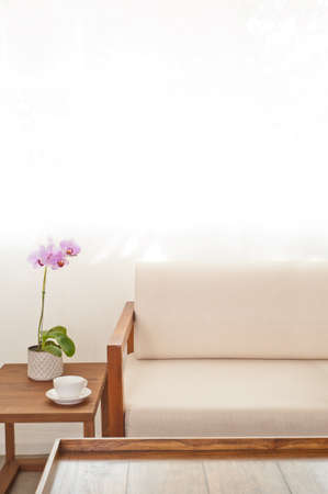 Bright white seater in lounge area with curtainの写真素材