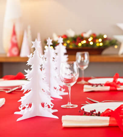 Christmas table decoration in red and white, shallow depth of fieldの写真素材