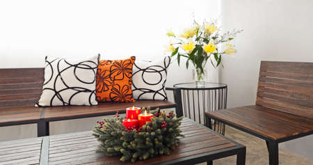 
Patio lounge with garden bench and flower decorationの写真素材
