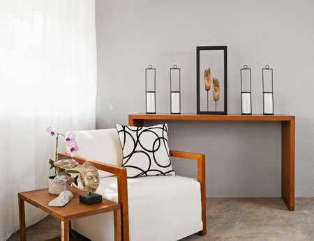 white comfortable sofa seat with interior design itemsの写真素材