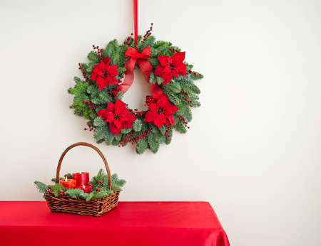Advent wreath over side board with basketの写真素材