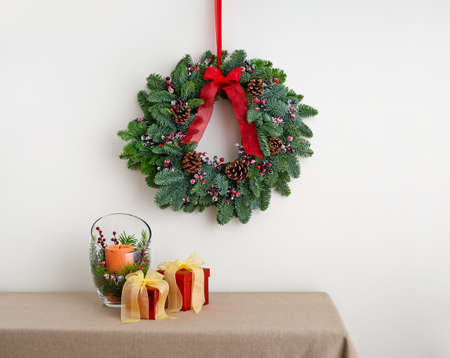 Advent wreath over side board with silver color presentの写真素材