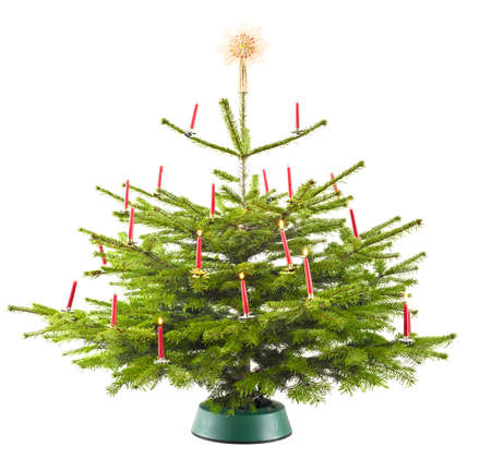 Christmas tree decorated with presents over whiteの写真素材