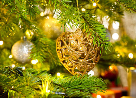 Xmas Ornament in a real Christmas tree in bright colorの写真素材