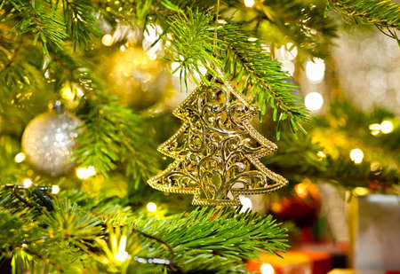 Xmas Ornament in a real Christmas tree in bright colorの写真素材