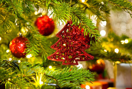 Xmas Ornament in a real Christmas tree in bright colorの写真素材