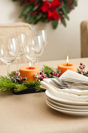 Christmas Dinner table setting in beige orange colorの写真素材