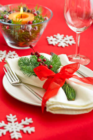 Christmas Dinner table setting with real tree decorationの写真素材