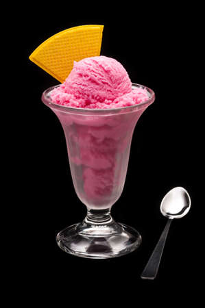 Strawberry ice cream cup with wafer の写真素材
