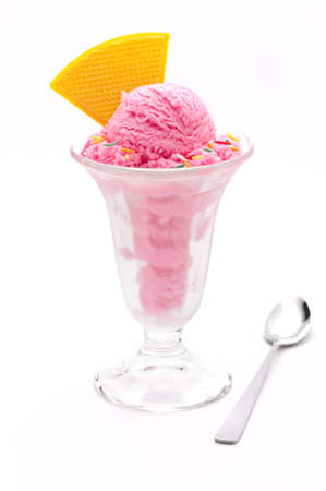 Strawberry ice cream cup with wafer の写真素材