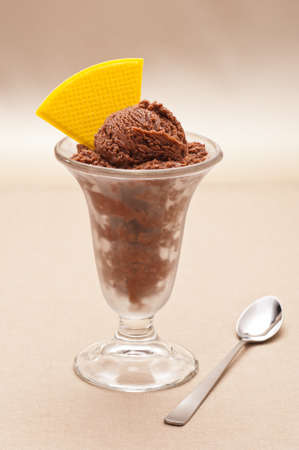 Chocolate ice cream cup with wafer over beige backgroundの写真素材